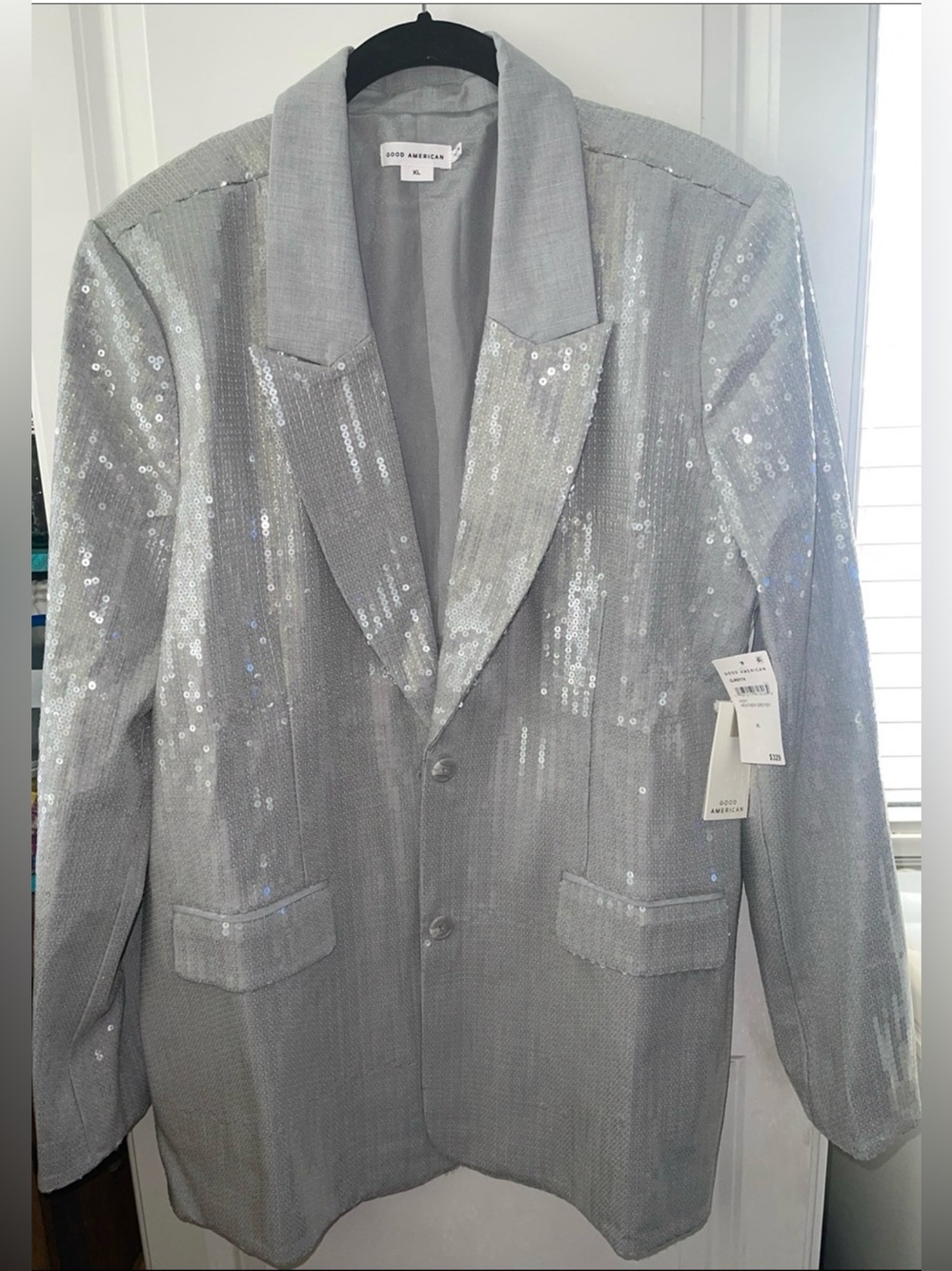 Good American NWT Oversized lightweight Silver Sequin Blazer XL